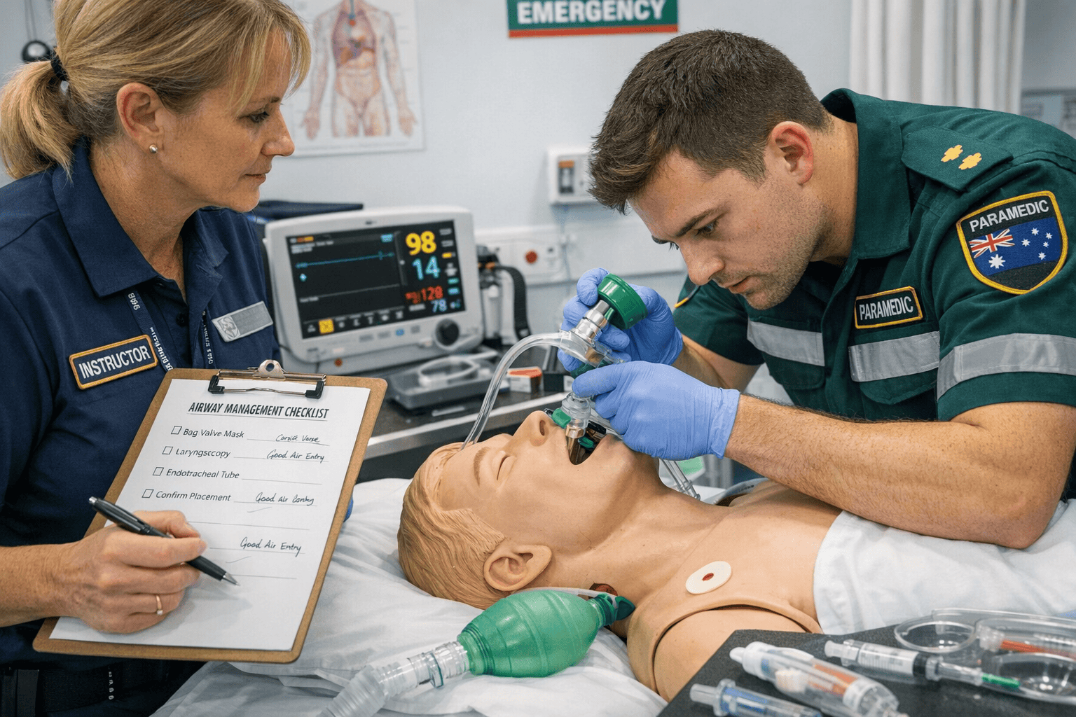 Trainee paramedic practicing airway management on a high-fidelity manikin during classroom simulation