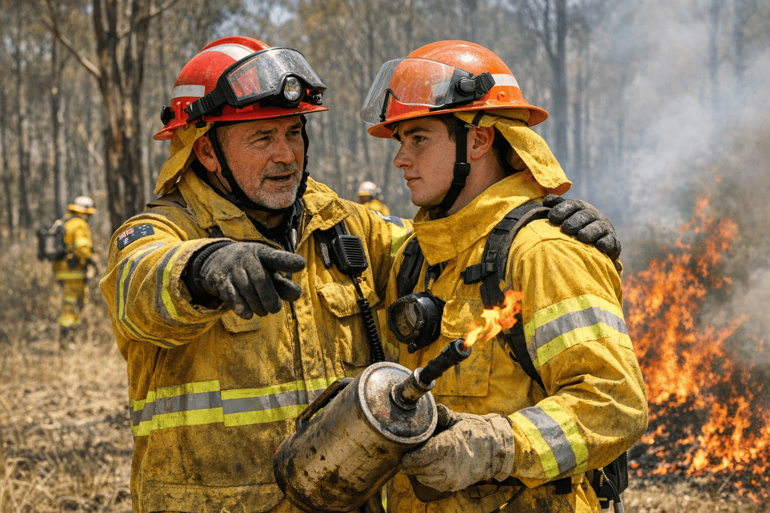 Experienced firefighter guiding a younger crewmate during a controlled burns training exercise in the Australian bush