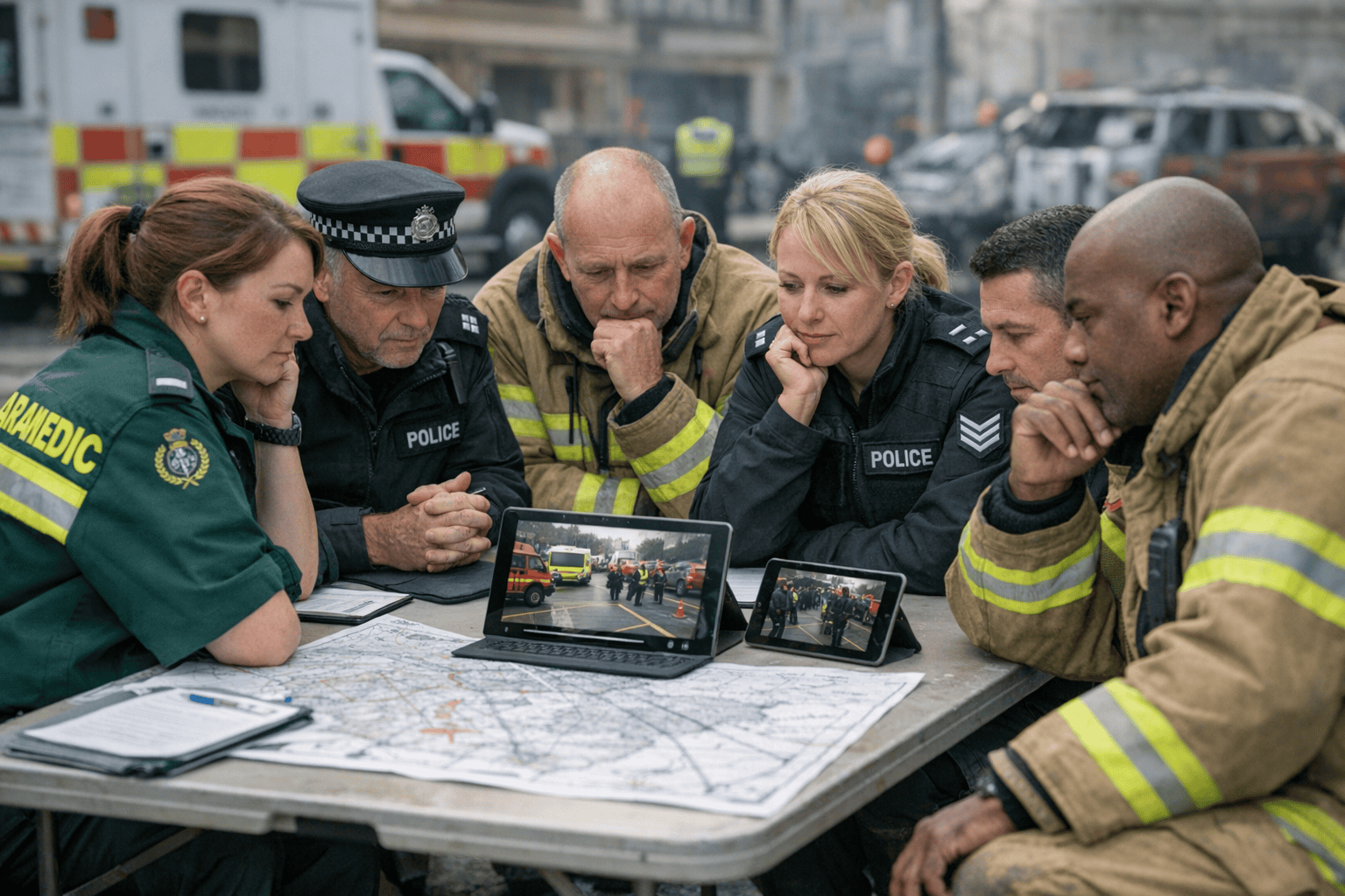 Mixed group debrief after a multi-agency exercise reviewing maps and footage
