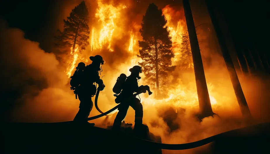 A dramatic scene showing two firefighters battling a large forest fire. The image is backlit with intense orange and yellow flames covering the backgr
