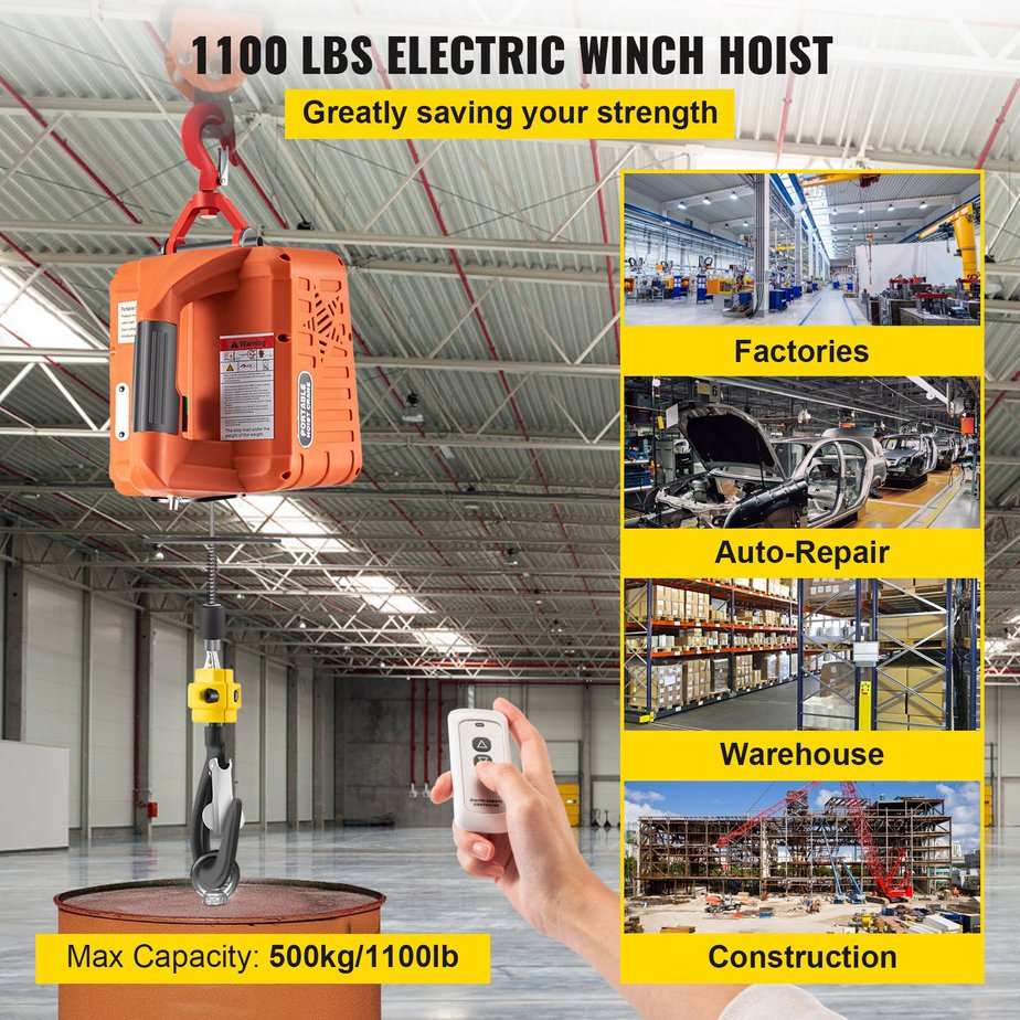 Compact portable electric winch hoist with remote control, suitable for construction sites