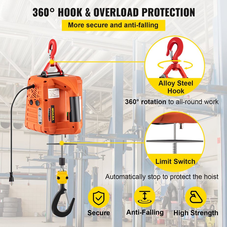 Industrial electric winch hoist with steel cable, suspended in a warehouse for material handling.